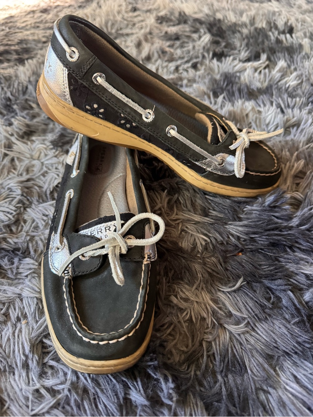 Sperry Black and Silver Women’s Boat Moccasins